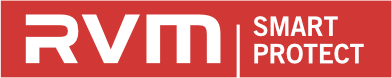 Logo von RVM Smart Protect, weißer Text auf rotem Hintergrund